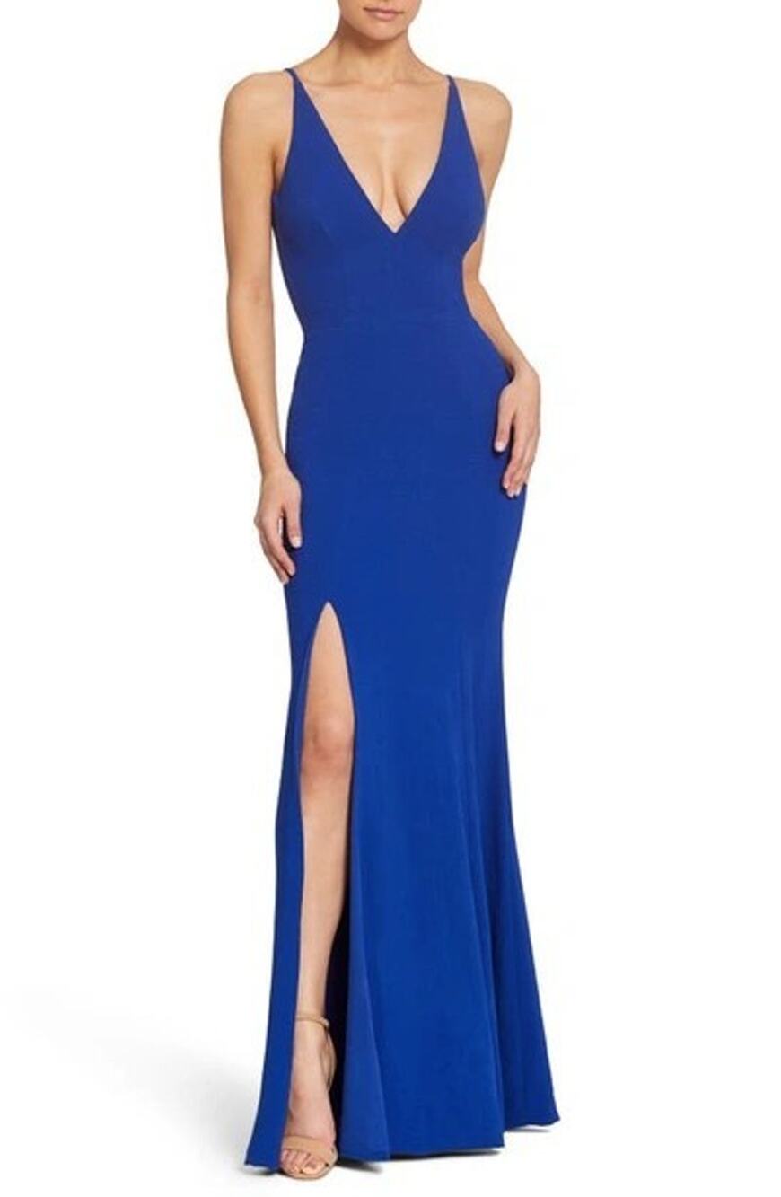 Dress The Population Dress Womens XL Blue Maxi Gown Cobalt Royal Iris Slit Crepe